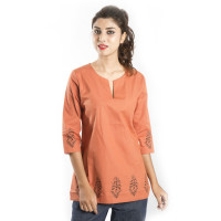 Zeme Organics 3/4th Sleeves Short Kurti - Orange